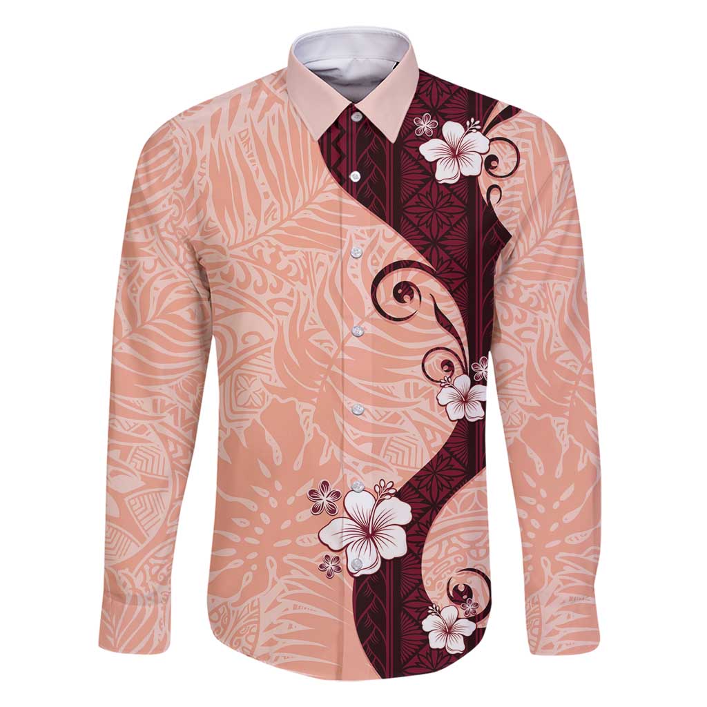 Polynesia Hibiscus Family Matching Off Shoulder Maxi Dress and Hawaiian Shirt Rose Bud Curve Motif LT05 Dad's Shirt - Long Sleeve Red - Polynesian Pride