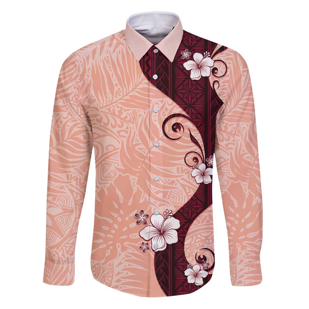 Polynesia Hibiscus Family Matching Puletasi and Hawaiian Shirt Rose Bud Curve Motif LT05 Dad's Shirt - Long Sleeve Red - Polynesian Pride
