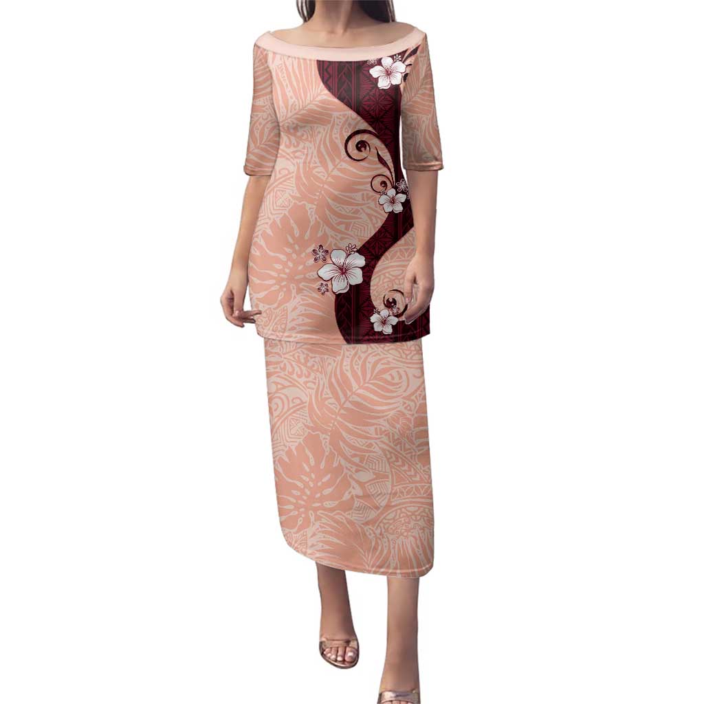 Polynesia Hibiscus Family Matching Puletasi and Hawaiian Shirt Rose Bud Curve Motif LT05 Mom's Dress Red - Polynesian Pride