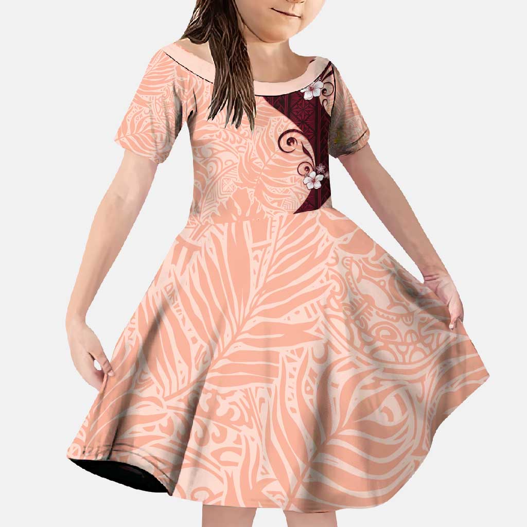 Polynesia Hibiscus Family Matching Tank Maxi Dress and Hawaiian Shirt Rose Bud Curve Motif LT05 Daughter's Dress Red - Polynesian Pride