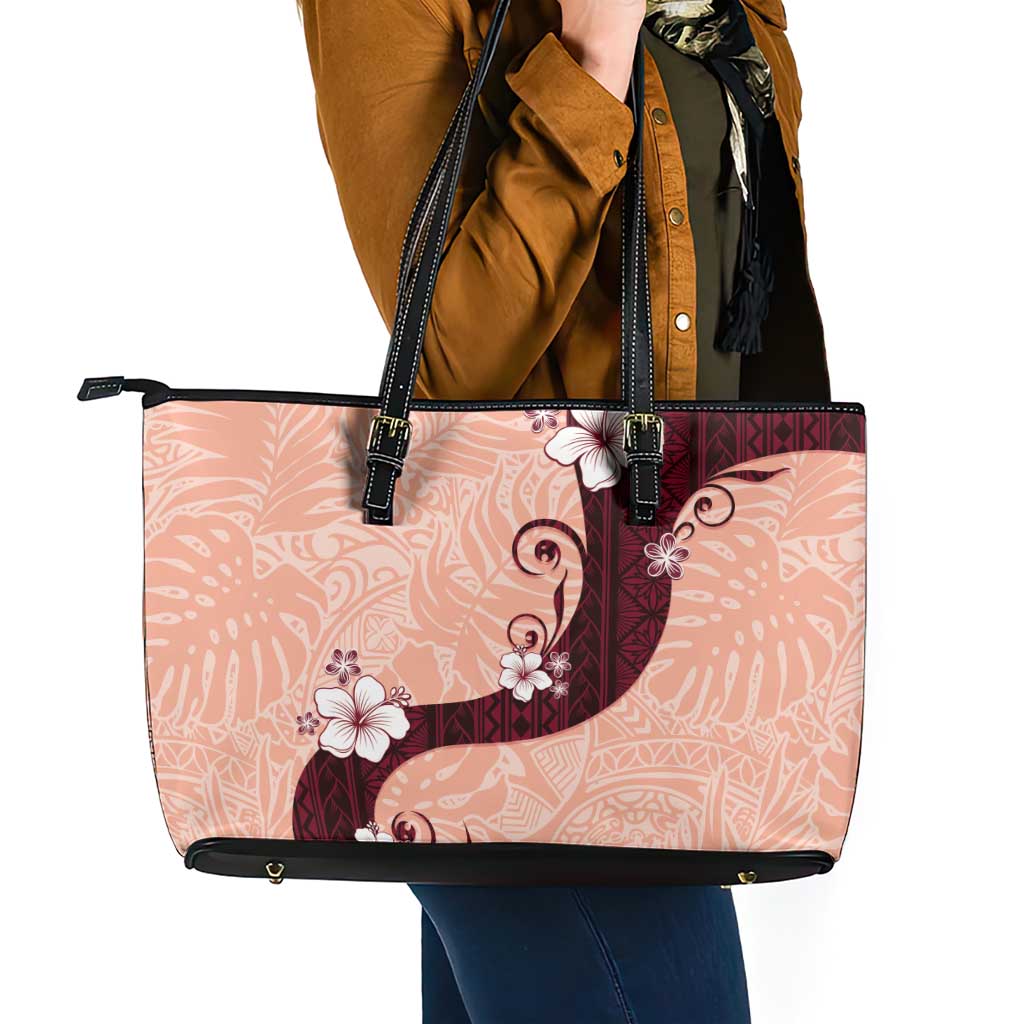 Polynesia Hibiscus Leather Tote Bag Rose Bud Curve Motif - Polynesian Pride