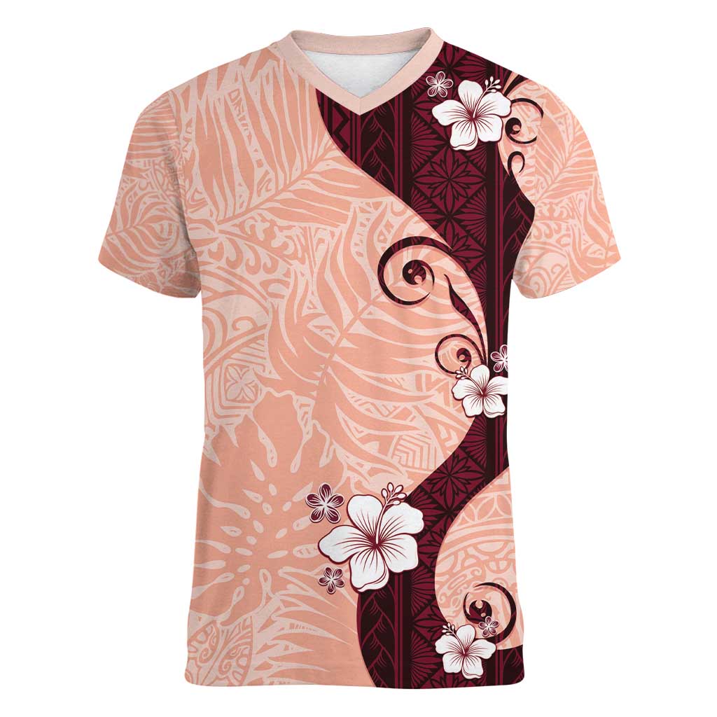 Polynesia Hibiscus Women V-Neck T-Shirt Rose Bud Curve Motif LT05 Female Red - Polynesian Pride