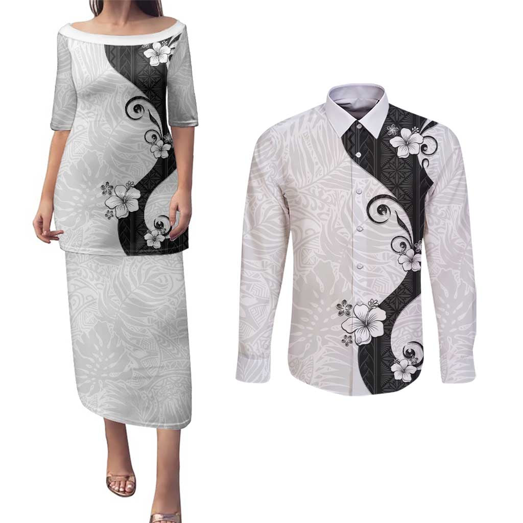 Polynesia Hibiscus Couples Matching Puletasi and Long Sleeve Button Shirt White Curve Motif - Polynesian Pride