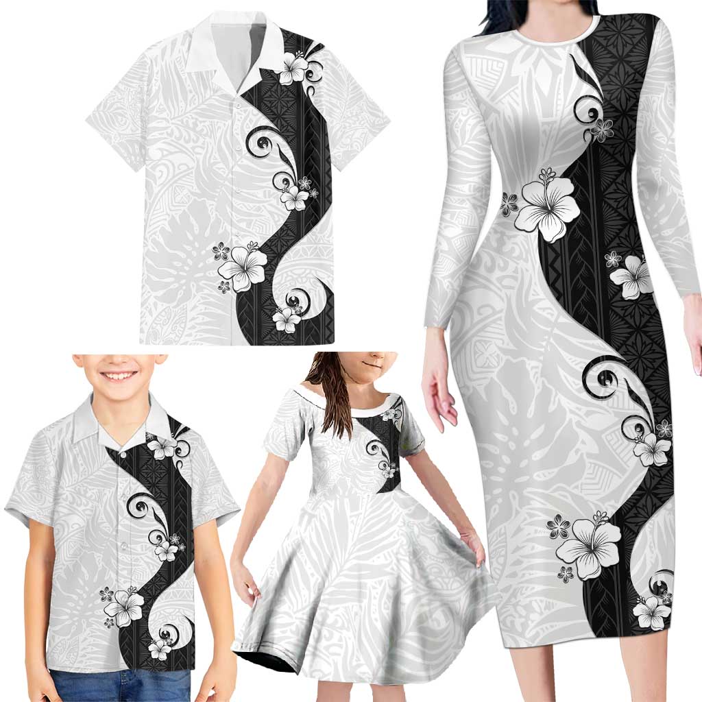 Polynesia Hibiscus Family Matching Long Sleeve Bodycon Dress and Hawaiian Shirt White Curve Motif LT05 - Polynesian Pride