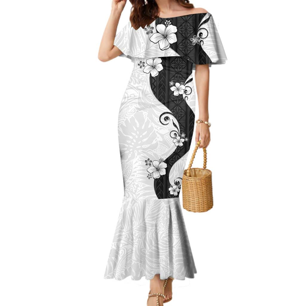 Polynesia Hibiscus Family Matching Mermaid Dress and Hawaiian Shirt White Curve Motif LT05 Mom's Dress White - Polynesian Pride