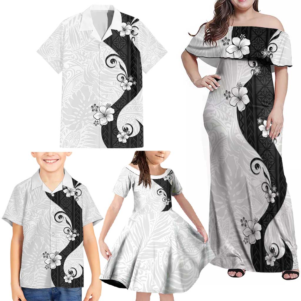 Polynesia Hibiscus Family Matching Off Shoulder Maxi Dress and Hawaiian Shirt White Curve Motif LT05 - Polynesian Pride