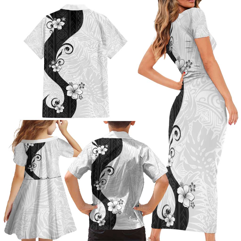 Polynesia Hibiscus Family Matching Short Sleeve Bodycon Dress and Hawaiian Shirt White Curve Motif LT05 - Polynesian Pride