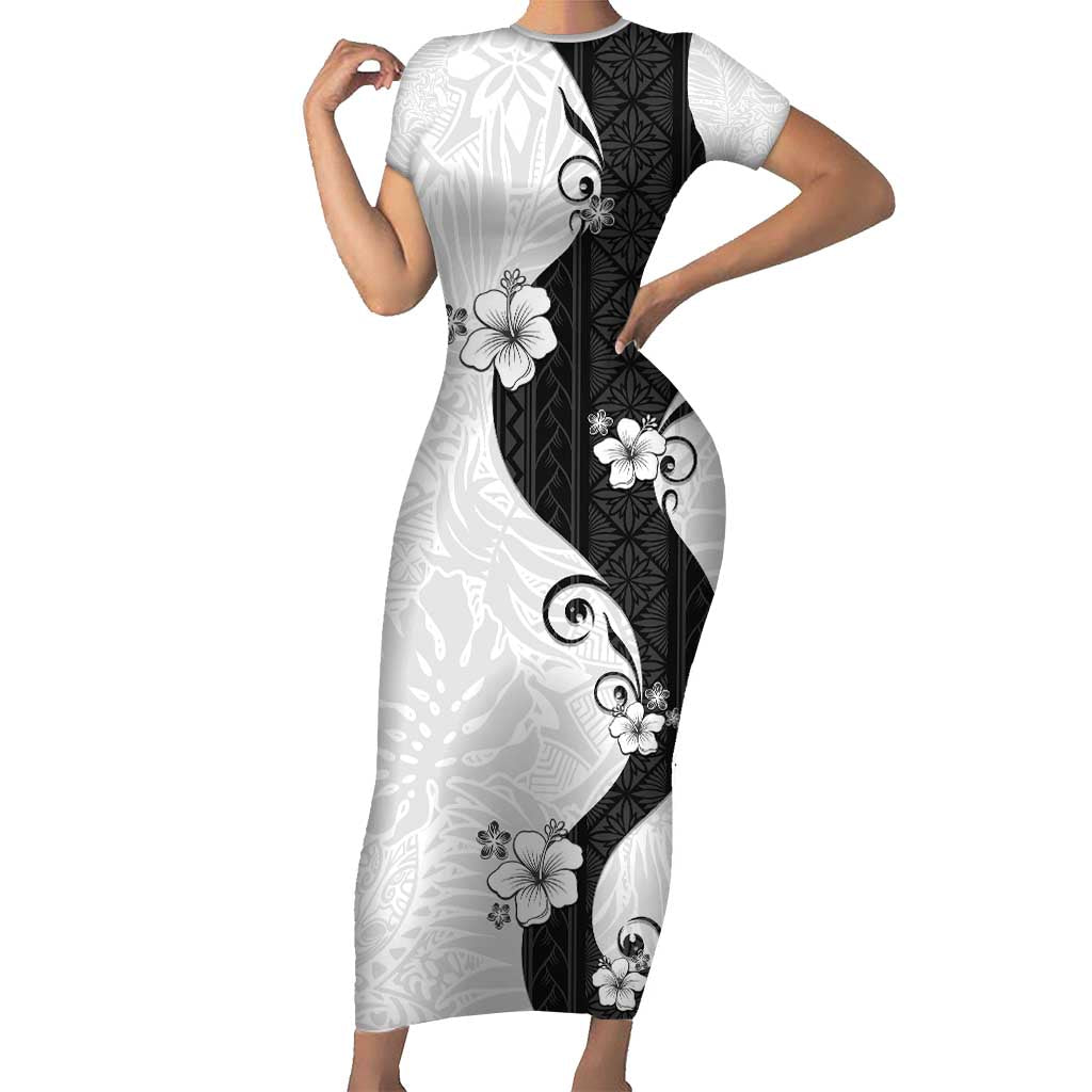 Polynesia Hibiscus Family Matching Short Sleeve Bodycon Dress and Hawaiian Shirt White Curve Motif LT05 Mom's Dress White - Polynesian Pride