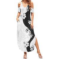 Polynesia Hibiscus Family Matching Summer Maxi Dress and Hawaiian Shirt White Curve Motif LT05 Mom's Dress White - Polynesian Pride