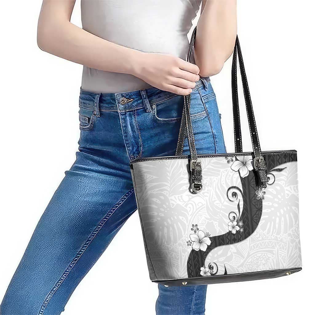 Polynesia Hibiscus Leather Tote Bag White Curve Motif - Polynesian Pride