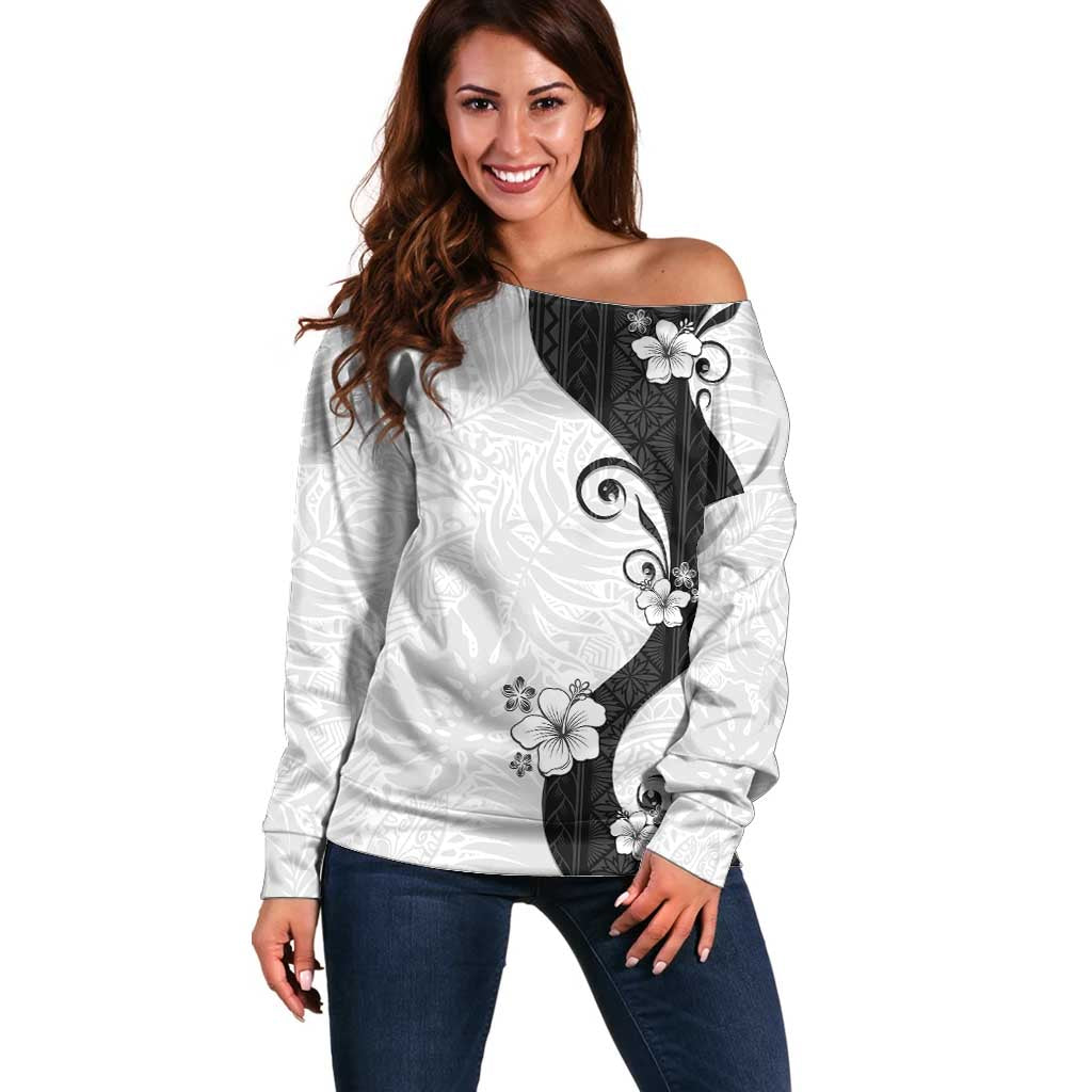 Polynesia Hibiscus Off Shoulder Sweater White Curve Motif - Polynesian Pride