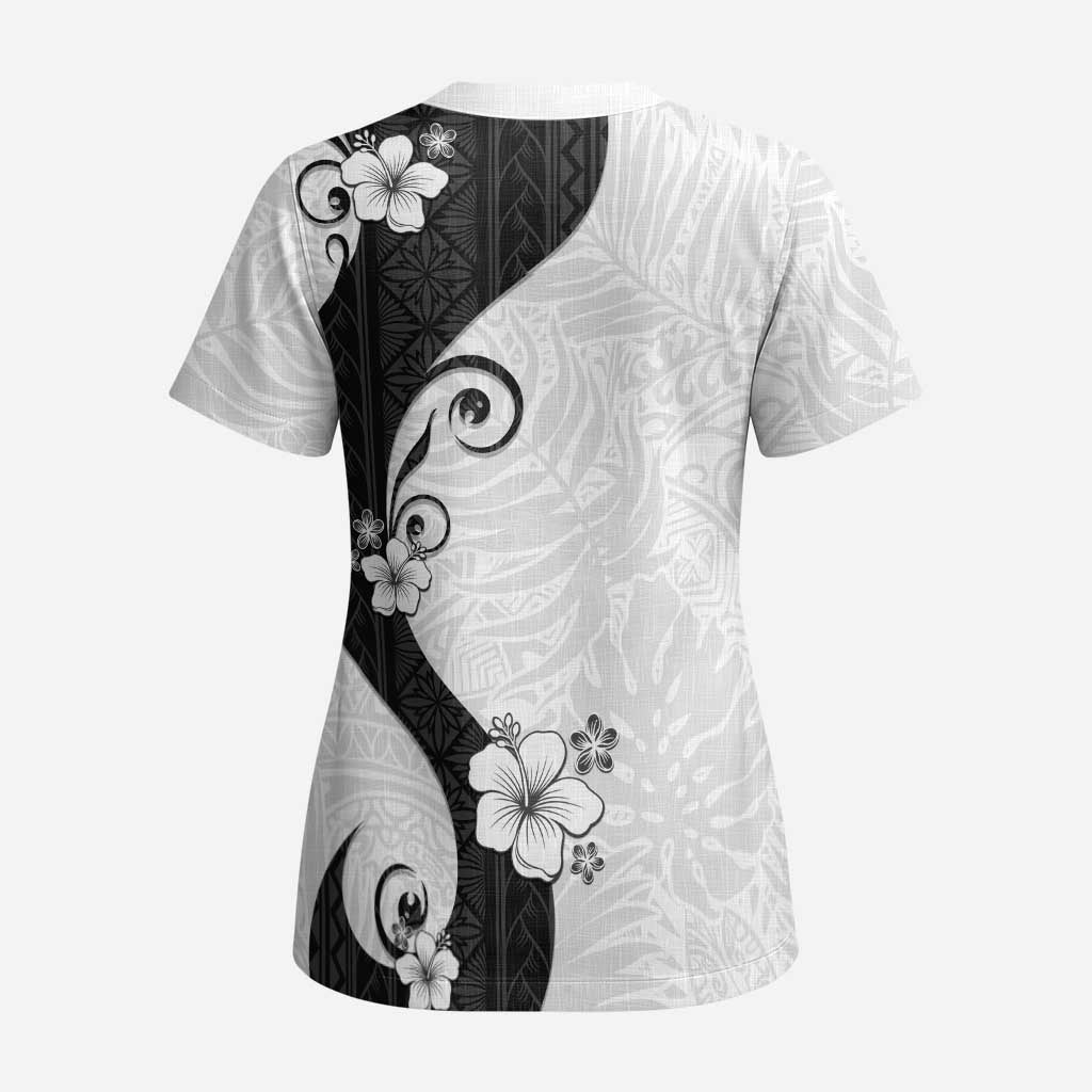 Polynesia Hibiscus Scrub Top White Curve Motif - Polynesian Pride