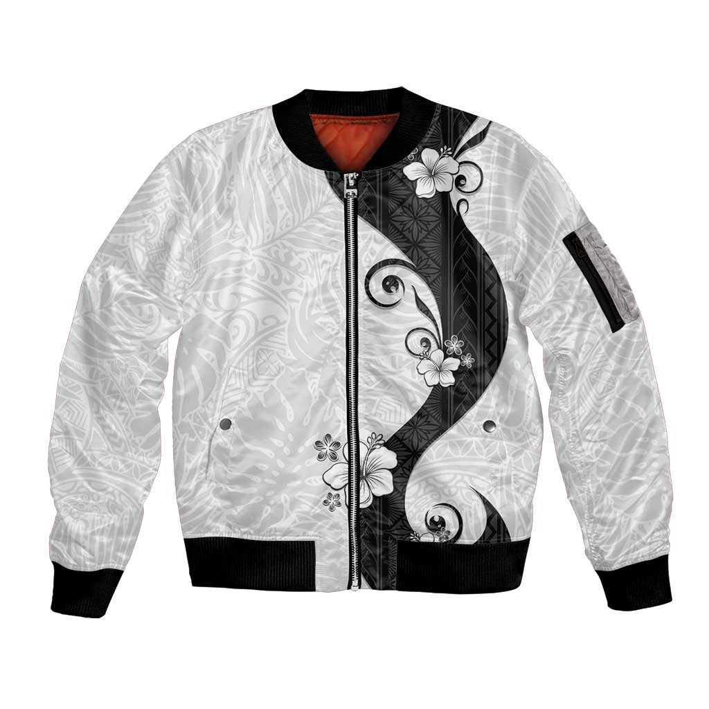 Polynesia Hibiscus Sleeve Zip Bomber Jacket White Curve Motif LT05 Unisex White - Polynesian Pride
