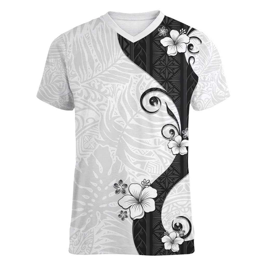 Polynesia Hibiscus Women V-Neck T-Shirt White Curve Motif LT05 Female White - Polynesian Pride