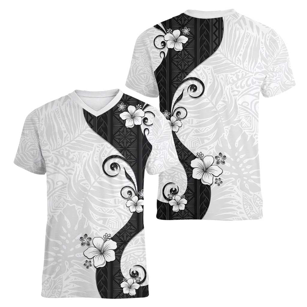 Polynesia Hibiscus Women V-Neck T-Shirt White Curve Motif LT05 - Polynesian Pride