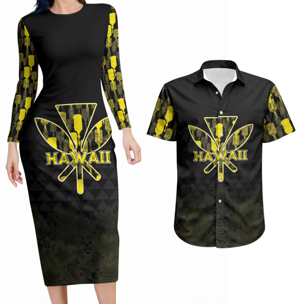 Personalised Aloha Hawaii Kahili Couples Matching Long Sleeve Bodycon Dress and Hawaiian Shirt Kanaka Maoli With Kakau Pattern