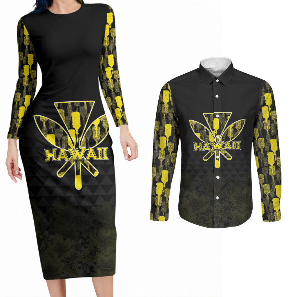 Personalised Aloha Hawaii Kahili Couples Matching Long Sleeve Bodycon Dress and Long Sleeve Button Shirt Kanaka Maoli With Kakau Pattern