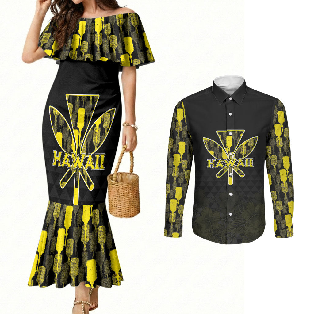Personalised Aloha Hawaii Kahili Couples Matching Mermaid Dress and Long Sleeve Button Shirt Kanaka Maoli With Kakau Pattern