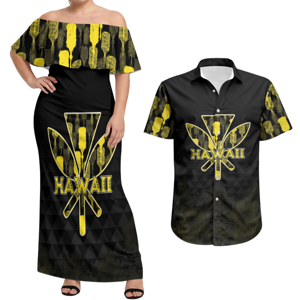Personalised Aloha Hawaii Kahili Couples Matching Off Shoulder Maxi Dress and Hawaiian Shirt Kanaka Maoli With Kakau Pattern LT05 Black - Polynesian Pride