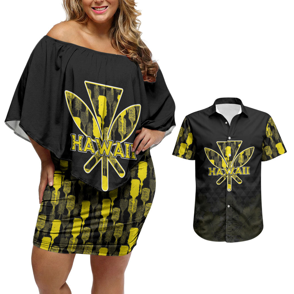 Personalised Aloha Hawaii Kahili Couples Matching Off Shoulder Short Dress and Hawaiian Shirt Kanaka Maoli With Kakau Pattern