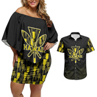 Personalised Aloha Hawaii Kahili Couples Matching Off Shoulder Short Dress and Hawaiian Shirt Kanaka Maoli With Kakau Pattern