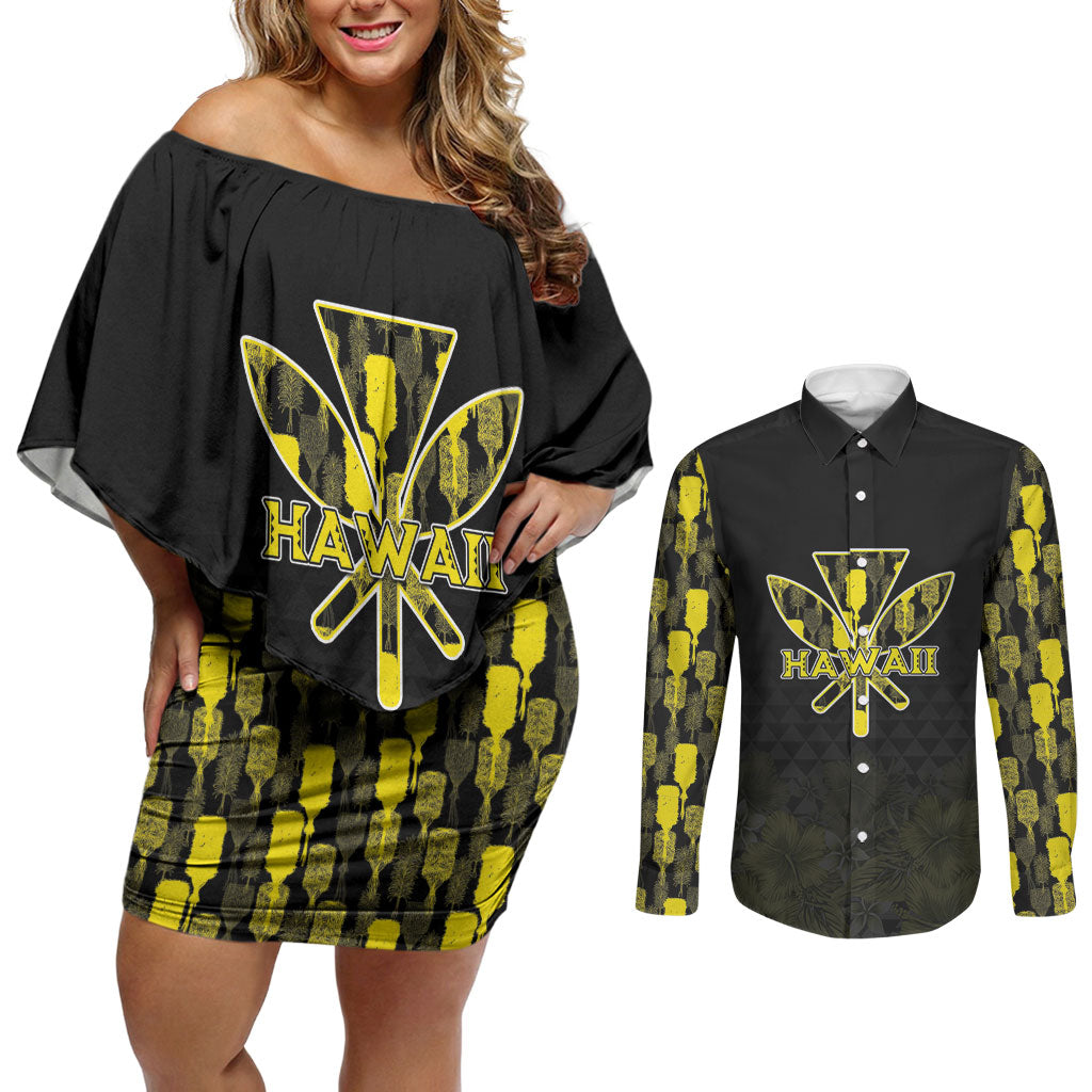 Personalised Aloha Hawaii Kahili Couples Matching Off Shoulder Short Dress and Long Sleeve Button Shirt Kanaka Maoli With Kakau Pattern