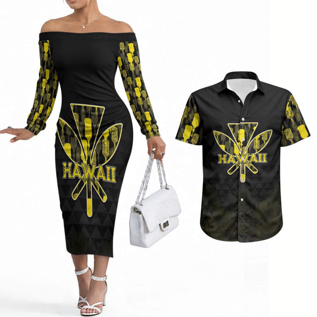 Personalised Aloha Hawaii Kahili Couples Matching Off The Shoulder Long Sleeve Dress and Hawaiian Shirt Kanaka Maoli With Kakau Pattern