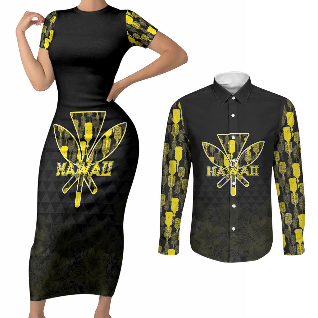 Personalised Aloha Hawaii Kahili Couples Matching Short Sleeve Bodycon Dress and Long Sleeve Button Shirt Kanaka Maoli With Kakau Pattern