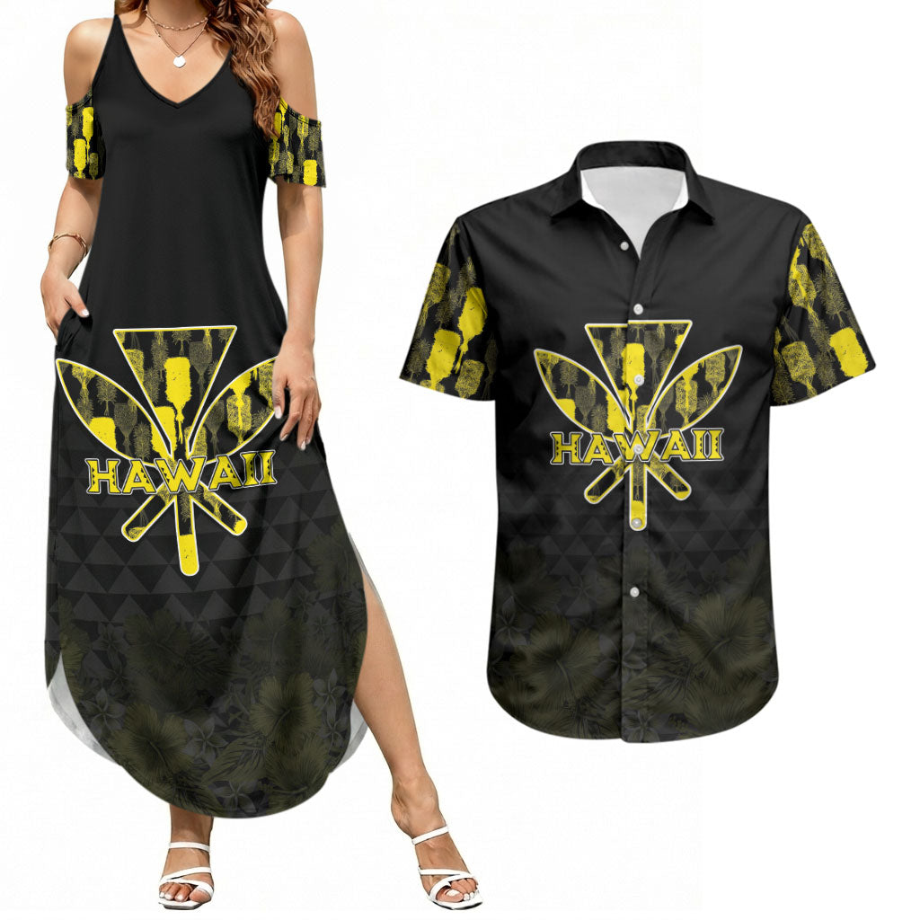 Personalised Aloha Hawaii Kahili Couples Matching Summer Maxi Dress and Hawaiian Shirt Kanaka Maoli With Kakau Pattern LT05 Black - Polynesian Pride