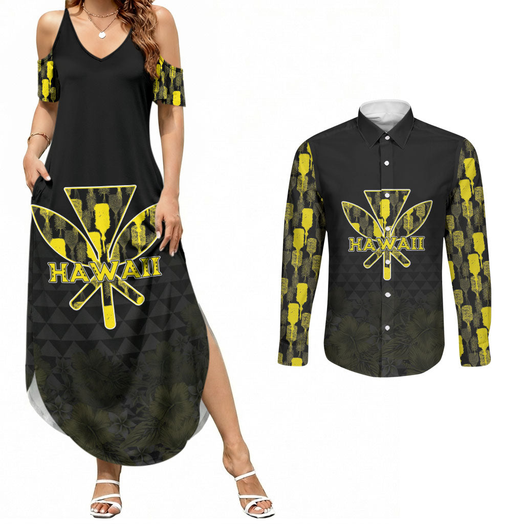 Personalised Aloha Hawaii Kahili Couples Matching Summer Maxi Dress and Long Sleeve Button Shirt Kanaka Maoli With Kakau Pattern