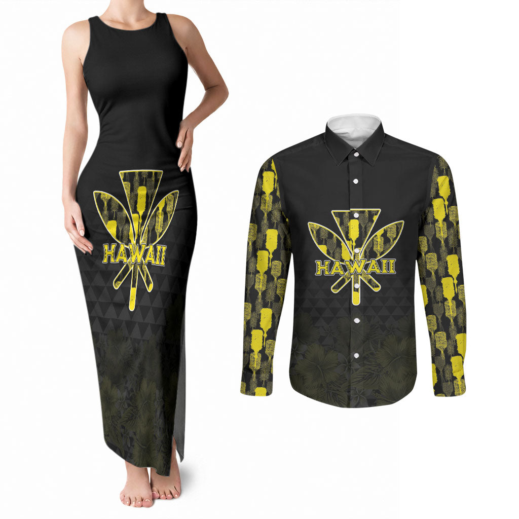 Personalised Aloha Hawaii Kahili Couples Matching Tank Maxi Dress and Long Sleeve Button Shirt Kanaka Maoli With Kakau Pattern