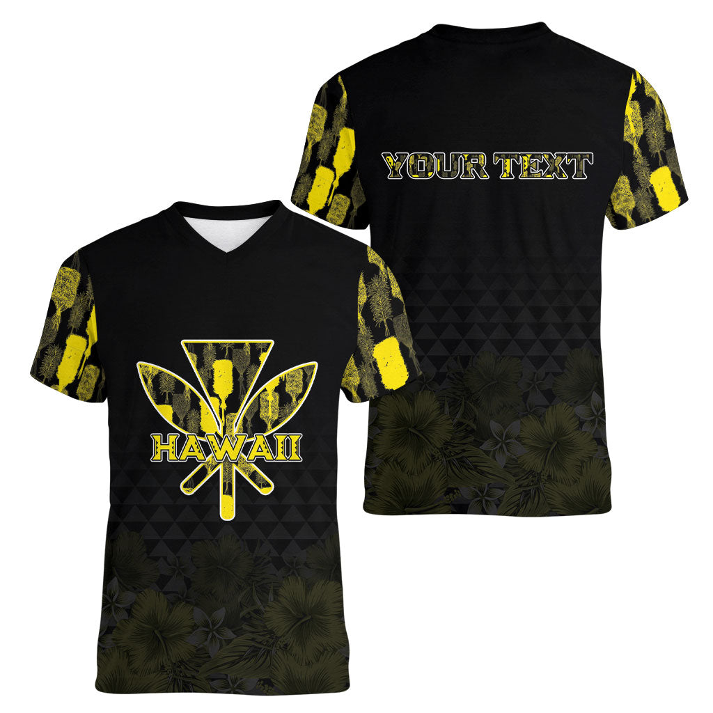 Personalised Aloha Hawaii Kahili Women V-Neck T-Shirt Kanaka Maoli With Kakau Pattern