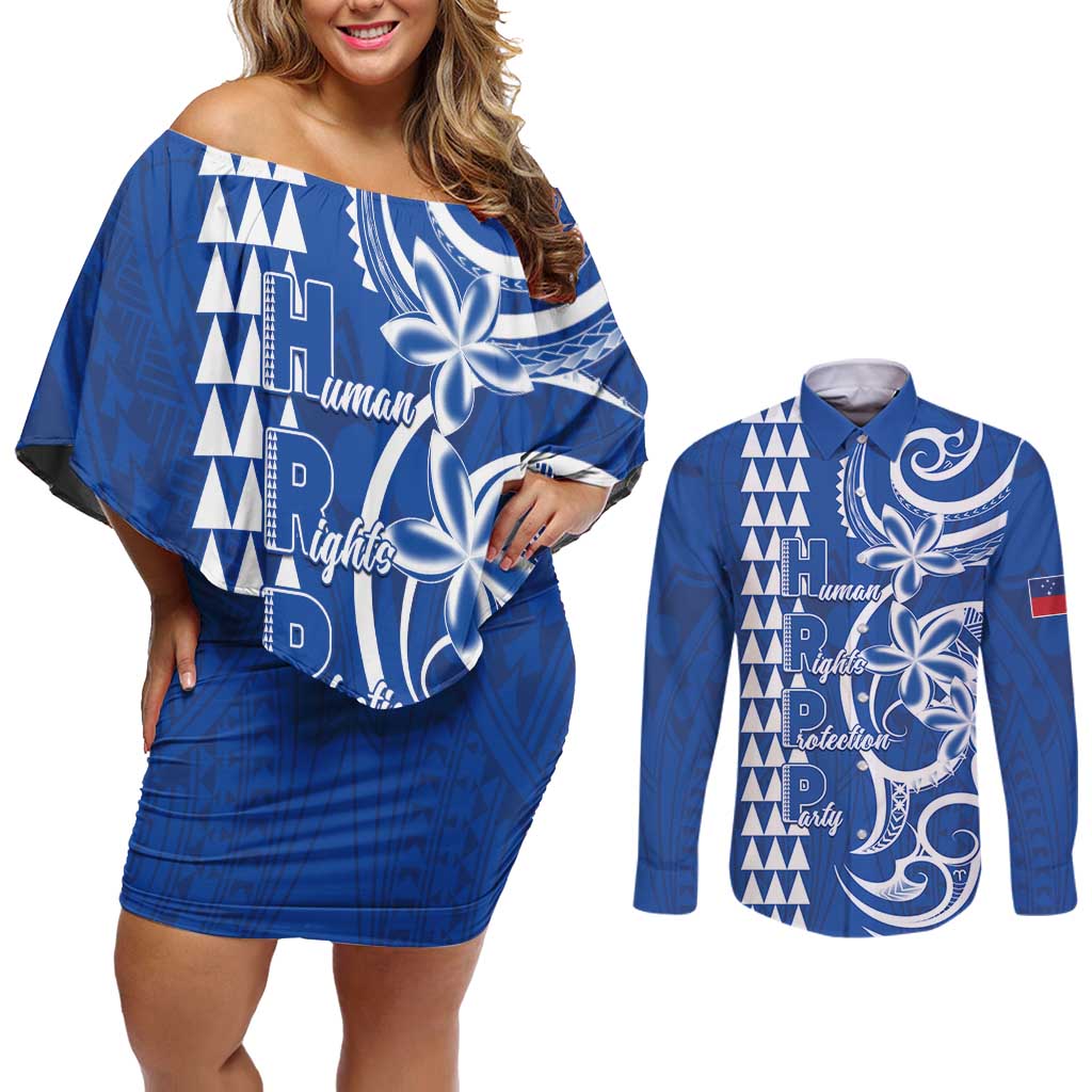 Samoa HRPP Party Couples Matching Off Shoulder Short Dress and Long Sleeve Button Shirt Polynesian Pattern - Polynesian Pride