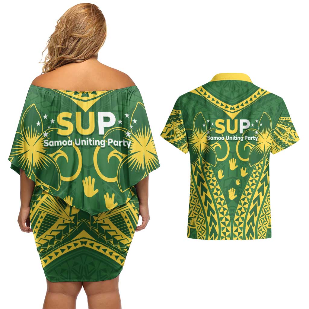 Samoa SUP Couples Matching Off Shoulder Short Dress and Hawaiian Shirt Samoan Coat Of Arms - Polynesian Pride