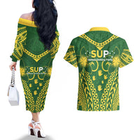 Samoa SUP Couples Matching Off The Shoulder Long Sleeve Dress and Hawaiian Shirt Samoan Coat Of Arms - Polynesian Pride