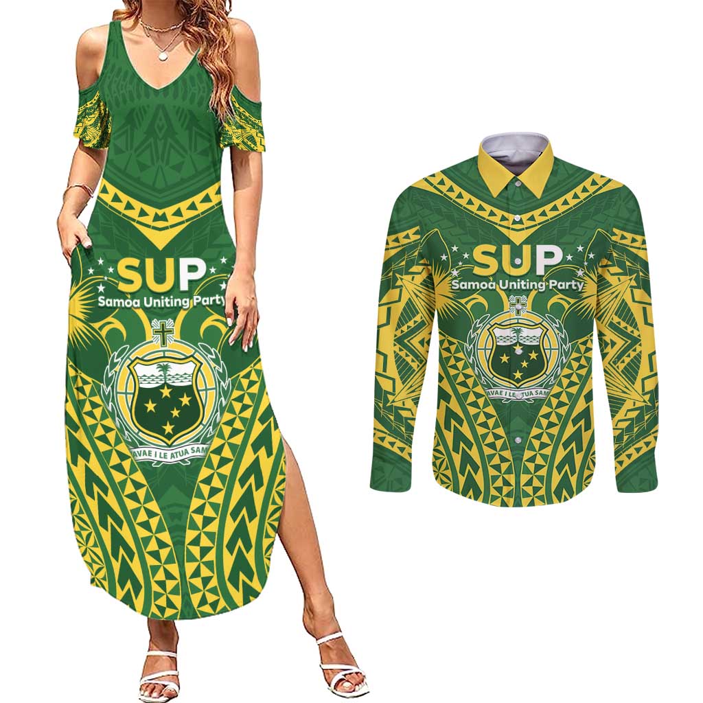 Samoa SUP Couples Matching Summer Maxi Dress and Long Sleeve Button Shirt Samoan Coat Of Arms - Polynesian Pride