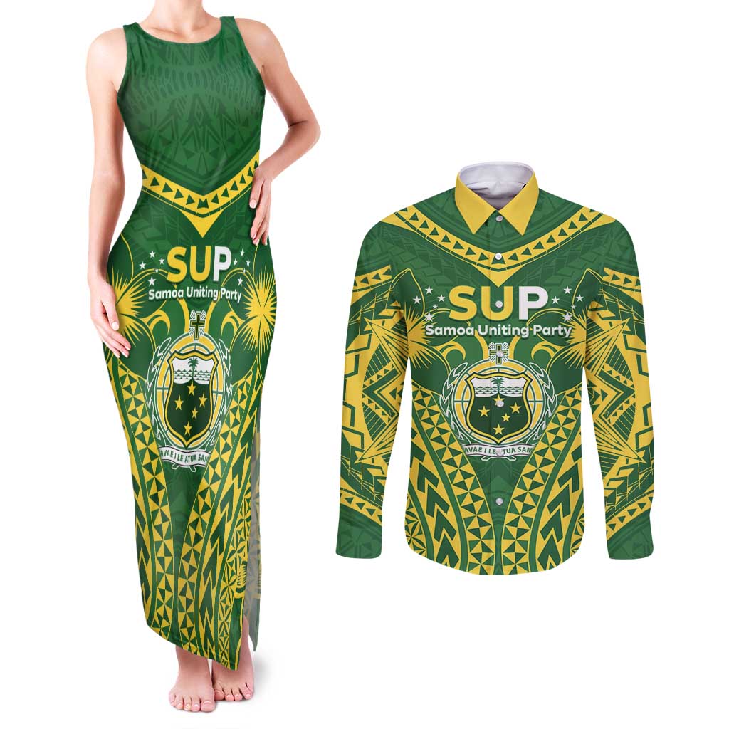 Samoa SUP Couples Matching Tank Maxi Dress and Long Sleeve Button Shirt Samoan Coat Of Arms - Polynesian Pride