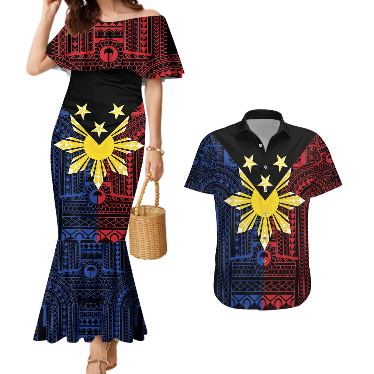 Philippines Sun Star Couples Matching Mermaid Dress and Hawaiian Shirt Igorot Tribal Inspiration LT05 Black - Polynesian Pride