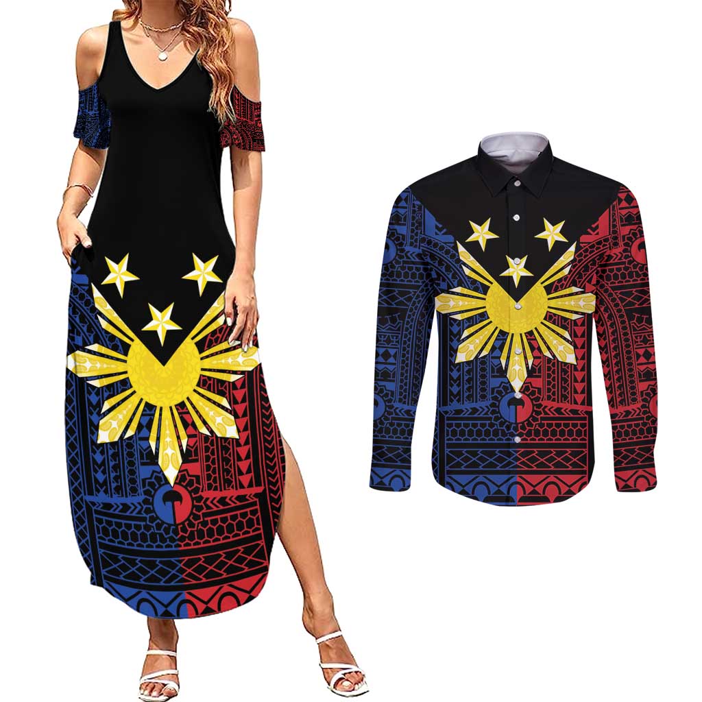 Philippines Sun Star Couples Matching Summer Maxi Dress and Long Sleeve Button Shirt Igorot Tribal Inspiration - Polynesian Pride