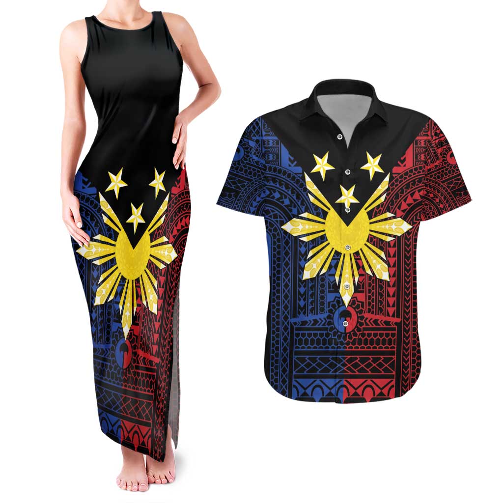 Philippines Sun Star Couples Matching Tank Maxi Dress and Hawaiian Shirt Igorot Tribal Inspiration LT05 Black - Polynesian Pride