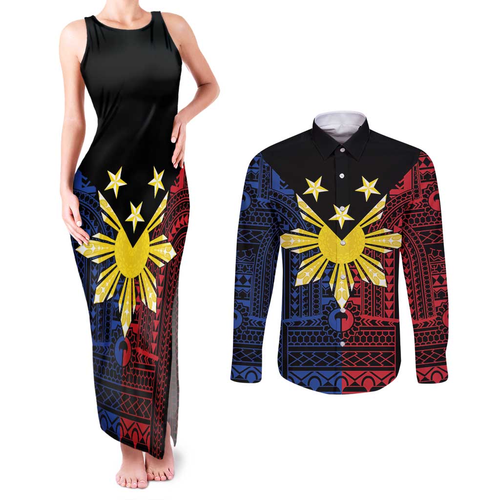 Philippines Sun Star Couples Matching Tank Maxi Dress and Long Sleeve Button Shirt Igorot Tribal Inspiration - Polynesian Pride