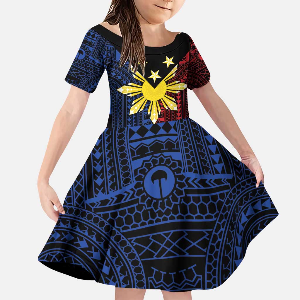 Philippines Sun Star Family Matching Puletasi and Hawaiian Shirt Igorot Tribal Inspiration LT05 Daughter's Dress Black - Polynesian Pride
