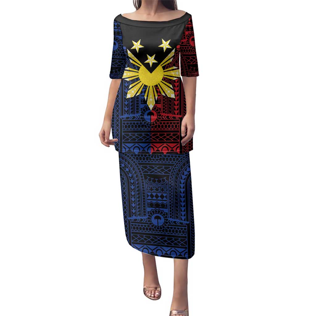 Philippines Sun Star Family Matching Puletasi and Hawaiian Shirt Igorot Tribal Inspiration LT05 Mom's Dress Black - Polynesian Pride