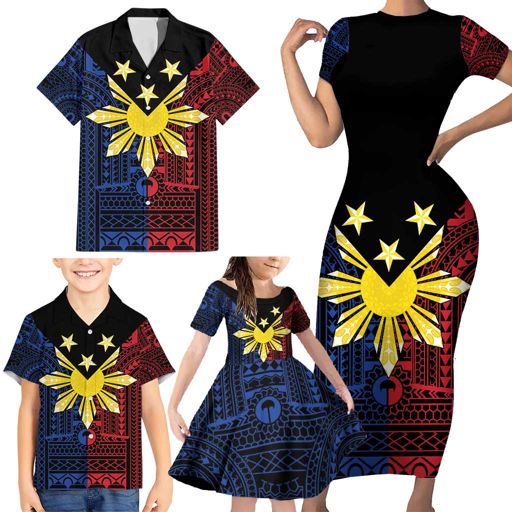 Philippines Sun Star Family Matching Short Sleeve Bodycon Dress and Hawaiian Shirt Igorot Tribal Inspiration - Polynesian Pride