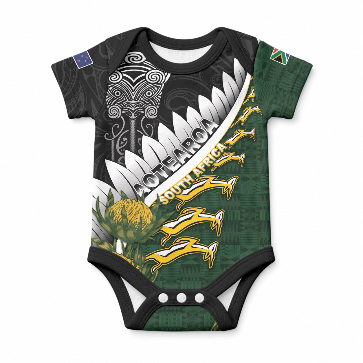 Custom Rugby New Zealand And South Africa Baby Onesie Silver Fern With Springboks