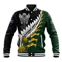 Custom Rugby New Zealand And South Africa Baseball Jacket Silver Fern With Springboks LT05 Unisex Black - Polynesian Pride