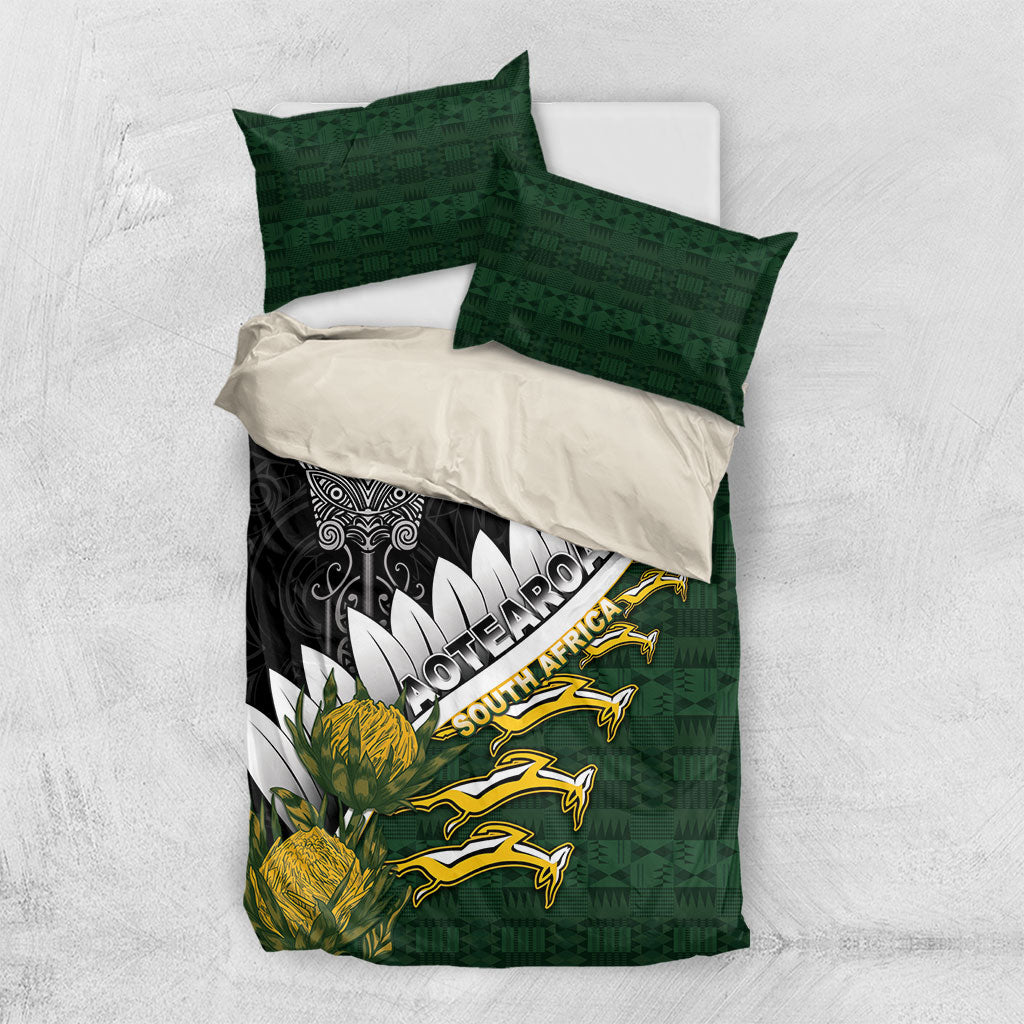 Rugby New Zealand And South Africa Bedding Set Silver Fern With Springboks LT05 US Twin 172cm x 218cm Black - Polynesian Pride