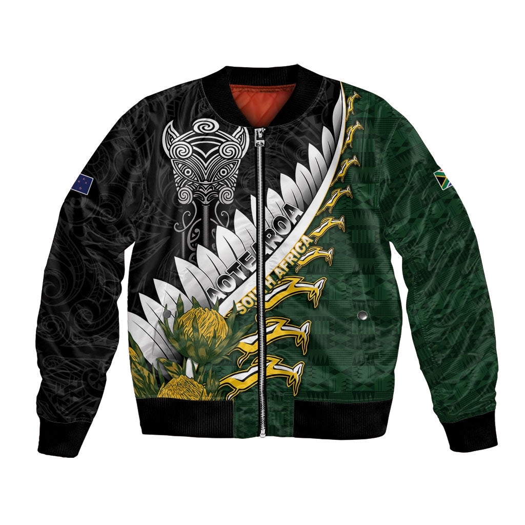 Custom Rugby New Zealand And South Africa Bomber Jacket Silver Fern With Springboks LT05 Unisex Black - Polynesian Pride