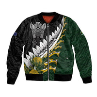 Custom Rugby New Zealand And South Africa Bomber Jacket Silver Fern With Springboks LT05 Unisex Black - Polynesian Pride