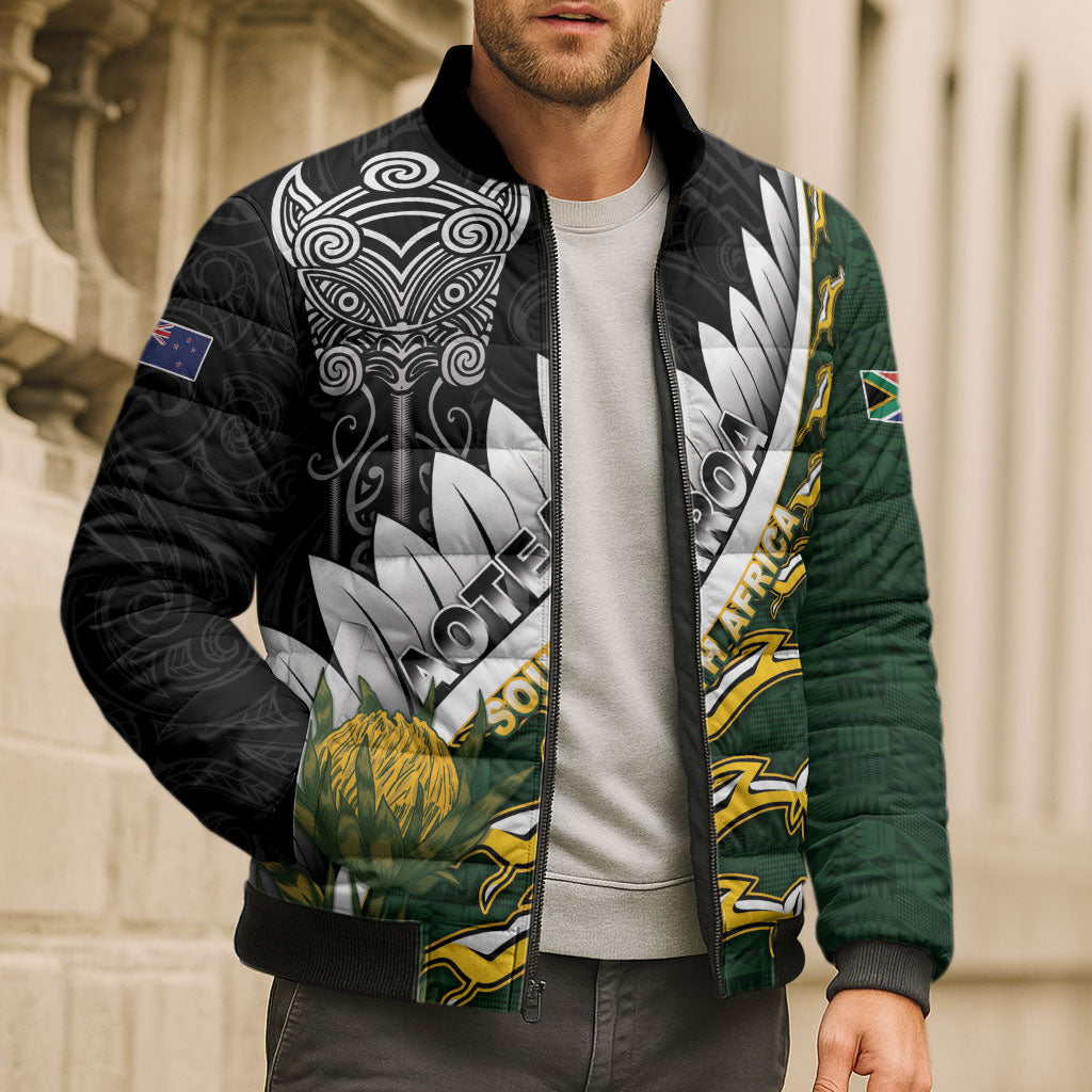 Custom Rugby New Zealand And South Africa Bomber Puffer Jacket Silver Fern With Springboks LT05 - Polynesian Pride